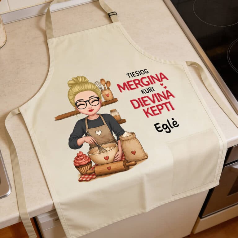 Personalizuota prijuostė – Tiesiog mergina, kuri dievina kepti