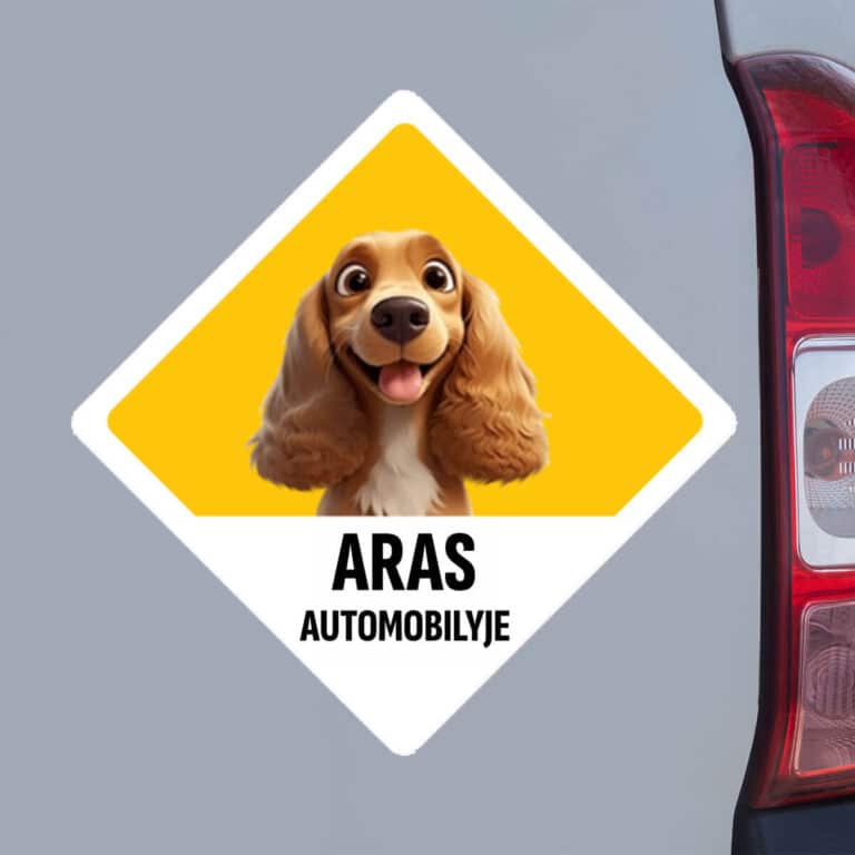 Personalizuotas lipdukas – Šuniukas automobilyje
